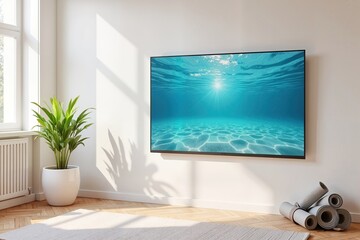 Serene underwater scene displayed in modern yoga studio, tranquility. Mock up for business and advertising