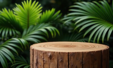 Wooden stump surrounded by lush greenery
