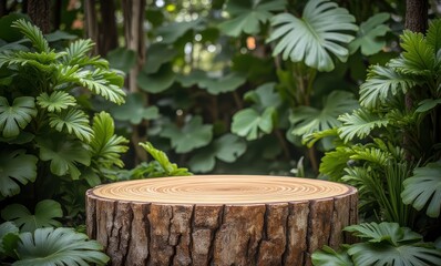 A lush greenery scene with a wooden stump