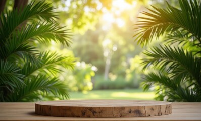 Natural wooden podium surrounded by greenery