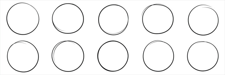 Hand drawn circle line sketch set. Circular  vector image. Hand drawn circle with doodle patterns. Vector brush strokes circles of paint on white background.