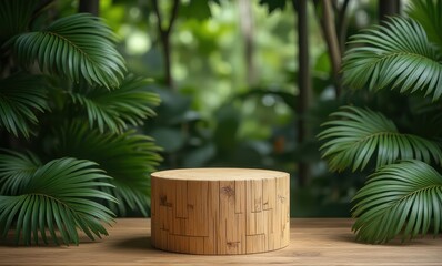 Natural wooden pedestal surrounded by greenery