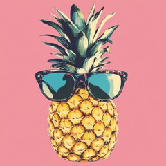 Cool pineapple wearing sunglasses on pink background.