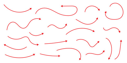 Thin arrows set for business plan, presentation and education. Sign, Symbol, Hand drawn arrow collection. Hand drawn thin line arrows set. Many vector curvy and wavy arrows illustration.