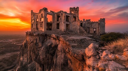 Fototapeta premium Ancient stone ruin perched on a cliff at sunset, surrounded by vibrant skies.