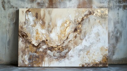 Abstract golden textured painting with earthy tones on rustic canvas background