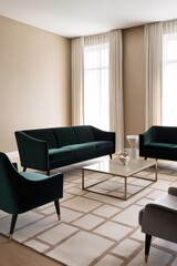 modern living room, dark green sofas, coffee glass table, a white rug and high window in a beige room