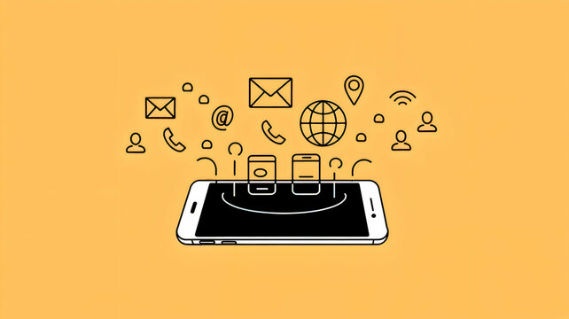 Illustration of a smartphone at the center of a connected digital ecosystem, featuring icons for email, calls, and global communication. Ideal for topics on mobile technology, networking, and digital 