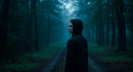 Mysterious Woman in Foggy Forest Path