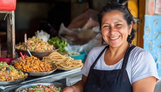 Fototapeta Mexican woman working at a street taco shop  