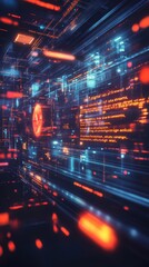 Obraz premium A vibrant digital landscape showcasing streams of data flowing through a futuristic network. Glowing lights and codes create a mesmerizing technology experience.
