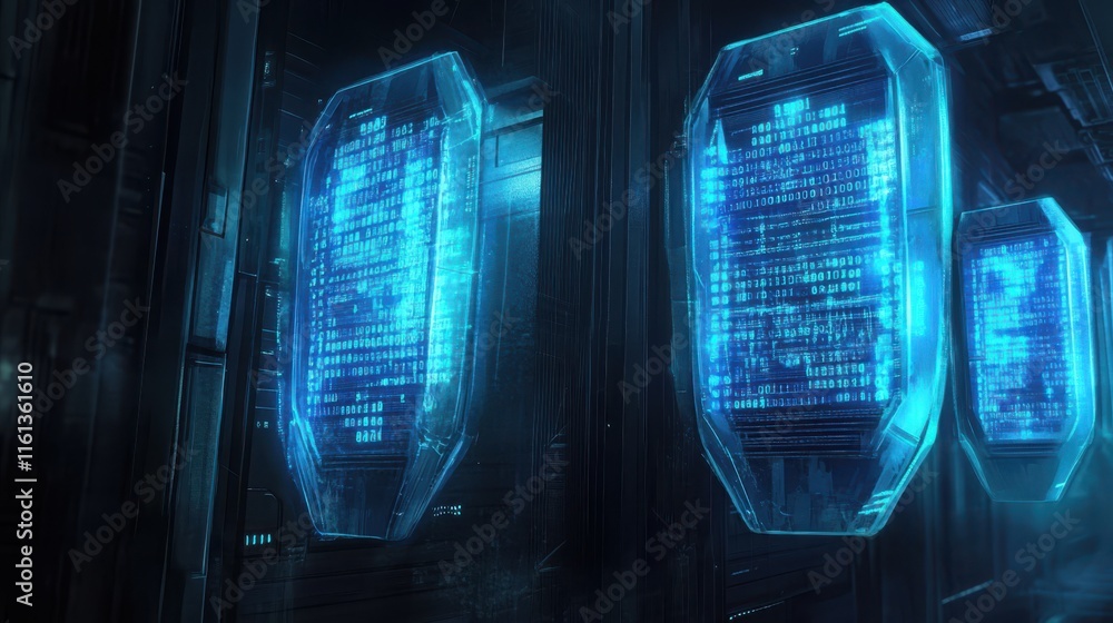 Poster futuristic digital screens display glowing blue data in a high-tech environment. these screens repre