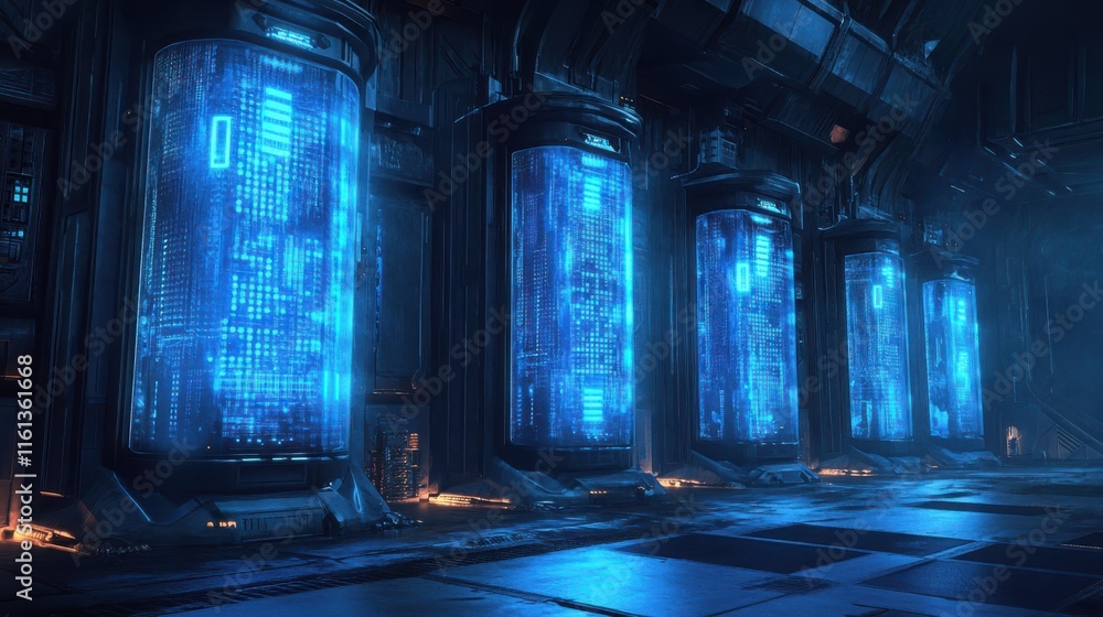 Poster futuristic laboratory with glowing blue cylinders showcasing advanced technology and digital interfa