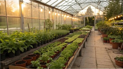 Sunlit greenhouse filled with lush plants and seedlings at sunset