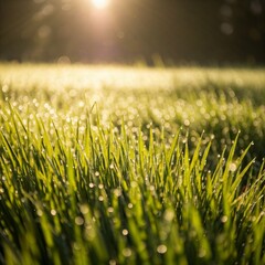 A close-up of dew-covered grass in a rural field, with early morning sunlight casting intricate shadows, emphasizing the freshness of the new day.
