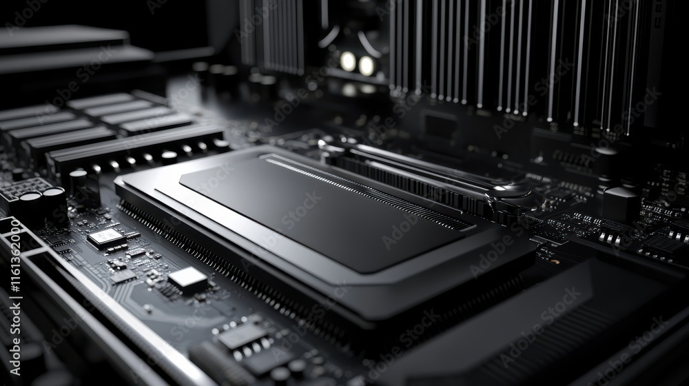 Poster close-up of a modern computer motherboard showcasing intricate designs and advanced technology, perf