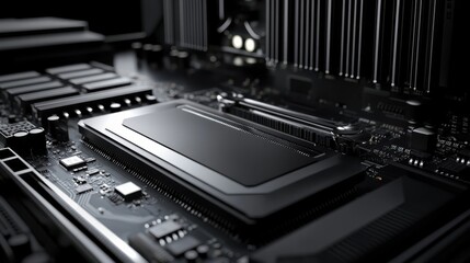 Obraz premium Close-up of a modern computer motherboard showcasing intricate designs and advanced technology, perfect for tech enthusiasts and hardware lovers.