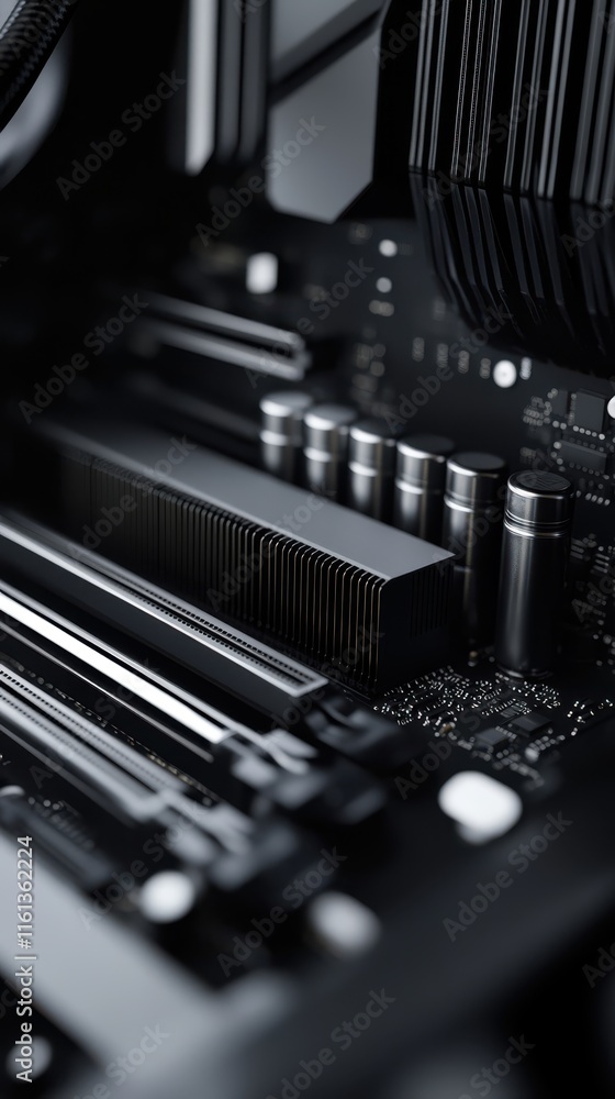 Poster close-up view of a modern computer motherboard showing detailed black components and circuit paths. 