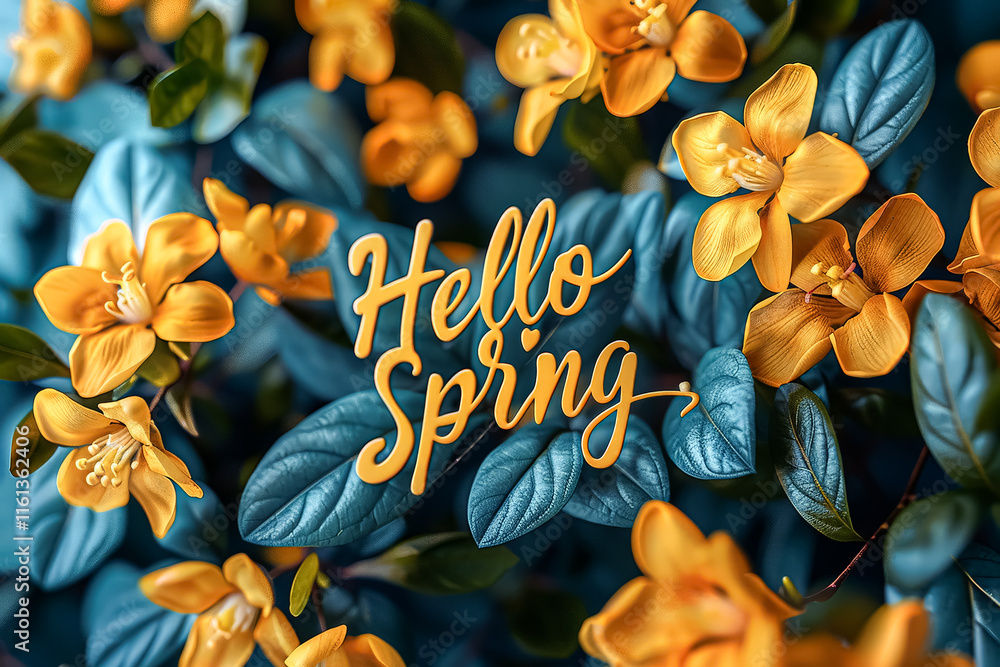 Poster hello spring is the title of the image.
