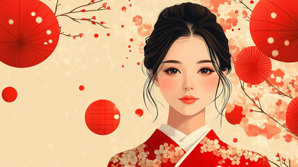 Traditional Japanese Woman in Vibrant Kimono for New Year Celebration