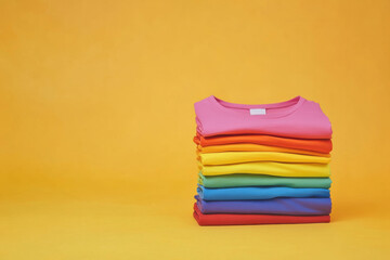 Stack of Colorful Folded T-Shirts on Yellow