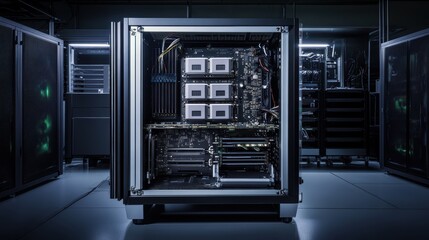 Fototapeta premium A modern computer server in a data center. The intricate details of the hardware are visible. This image highlights technology's role in data storage and processing.