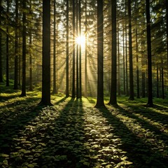 Fototapeta premium A serene forest with light streaming through the leaves. 