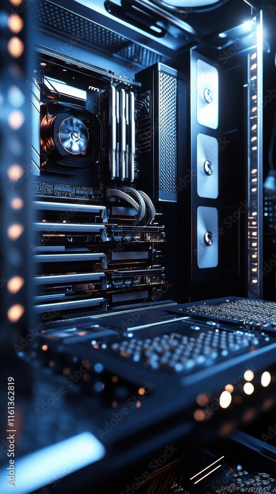 Poster a close-up view of a high-tech computer hardware setup with vibrant blue lighting and sleek componen