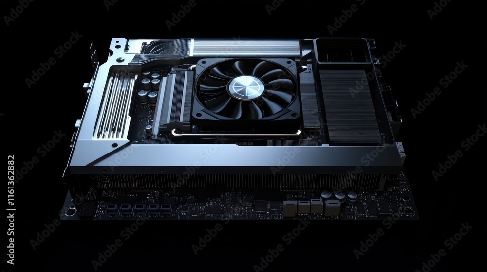 Poster this close-up image showcases a sleek computer graphics card on a motherboard in a dark background. 