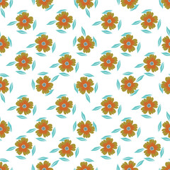Vintage seamless floral pattern. A game-style background of small pastel-colored flowers. white flowers and leaves scattered on a blue background. Stock vector for printing on surfaces and web design