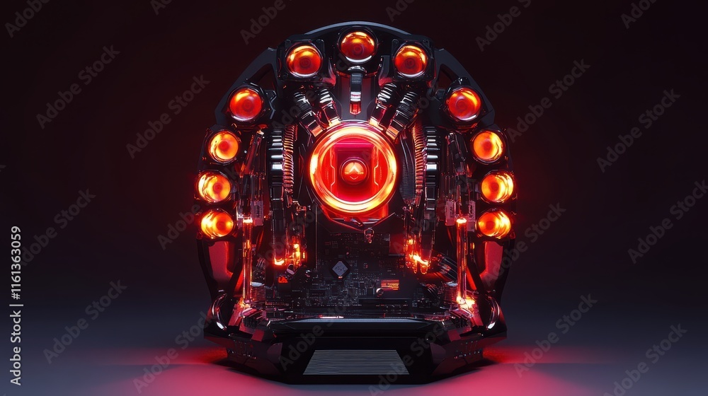 Poster futuristic ai device with bright red lights and sleek design. the glowing elements create a striking