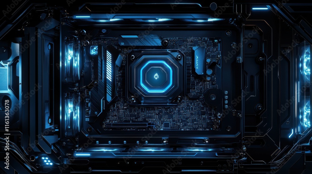 Poster a high-tech view of computer hardware featuring glowing blue circuits and a neon hexagonal design, s