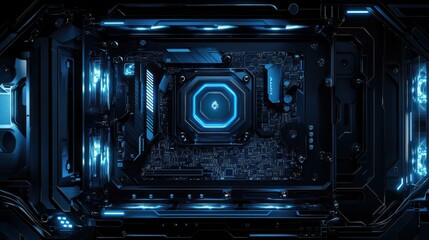 A high-tech view of computer hardware featuring glowing blue circuits and a neon hexagonal design, showcasing innovation and advanced technology.