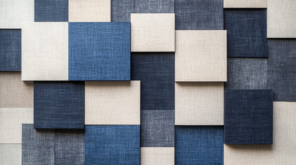 Fototapeta premium Abstract Beige Blue Square Textile Wall Panel Background Texture