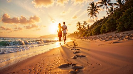 Romantic sunset walk along a tropical beach with gentle waves and palm trees
