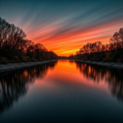 Obraz premium A peaceful river reflecting a fiery sunset. 