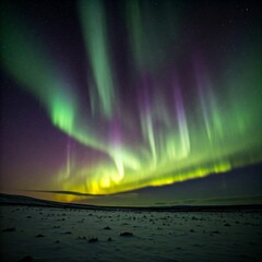 A breathtaking northern lights display over snowy landscapes.
