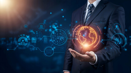 Business professional in suit holding glowing orange globe surrounded by futuristic holograms, symbolizing global connectivity, big data, and advanced technology.