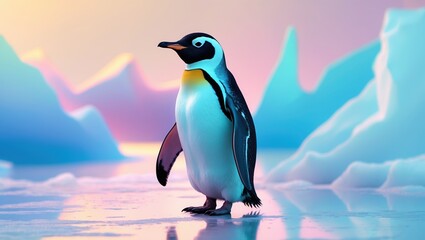 Serene Penguin on Ice with Pastel Background