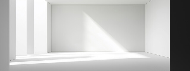 minimalist photo studio background, white bright realistic backdrop with light, shadows and empty space for text and creative designs