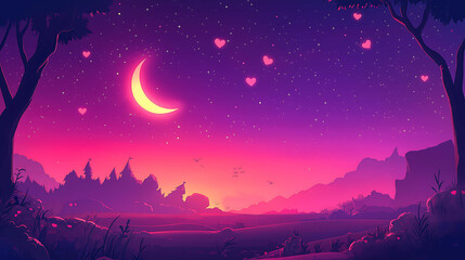 Naklejka premium Beautiful Moon Night, Hearty Stars, Happy Valentine's Day