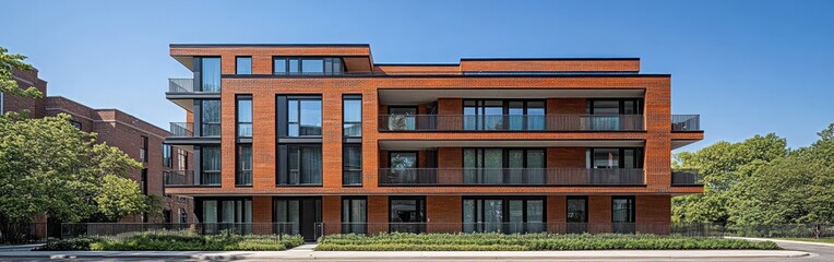 Fototapeta premium This mid-century modern apartment boasts unique geometry and glass balconies in a vibrant daytime neighborhood