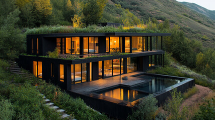 Fototapeta premium Modern Mountain Home Luxury Architecture Green Roof Infinity Pool