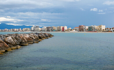Seascape, Mediterranean sea, view of the tourist town of Canet-en-Roussillon, France