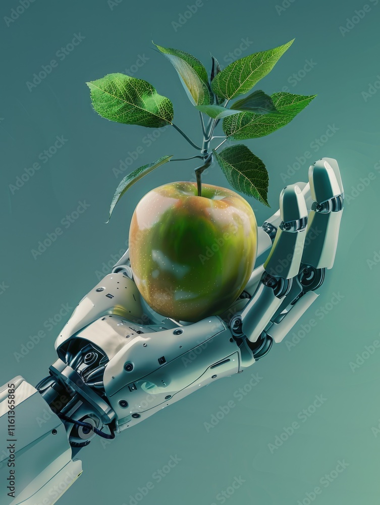Poster image of a robot's hand holding an apple. showing integration of technology with natural objects.