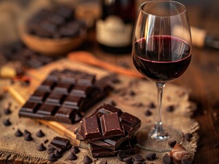 A decadent wine and chocolate spread on a table.