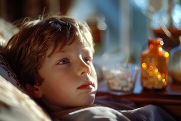 A young boy lying in bed with a bottle of medicine nearby, feeling unwell.