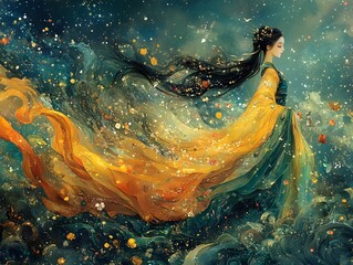 Ethereal celestial goddess draped in flowing robes surrounded by swirling cosmic elements and mythical creatures