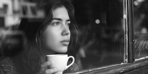 A woman looking out a window, sipping tea.