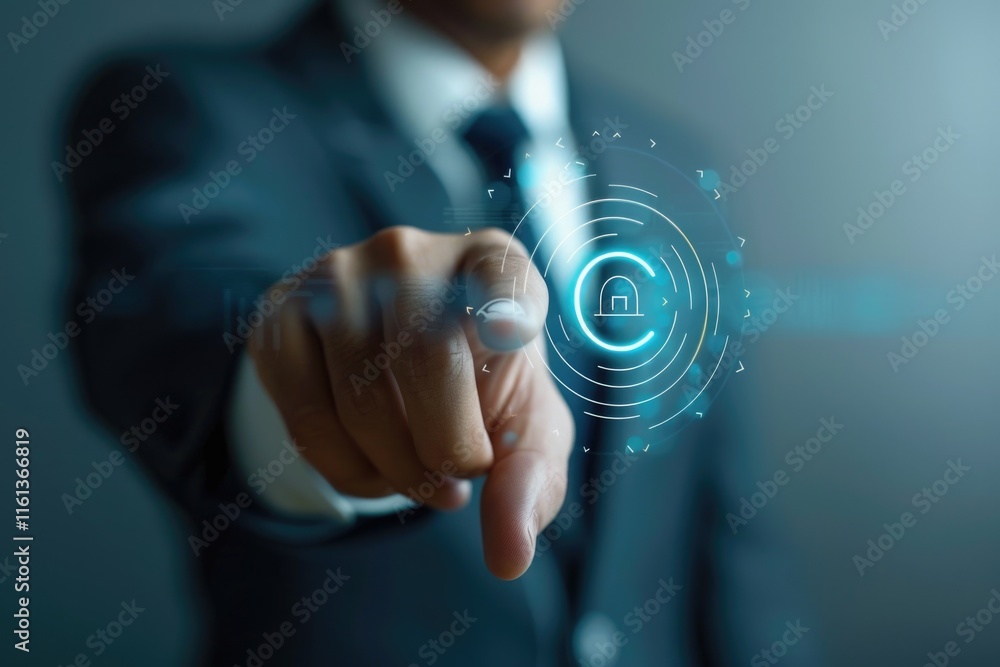 Poster man in suit pointing at digital screen with glowing green buttons and graphs, suggesting business su
